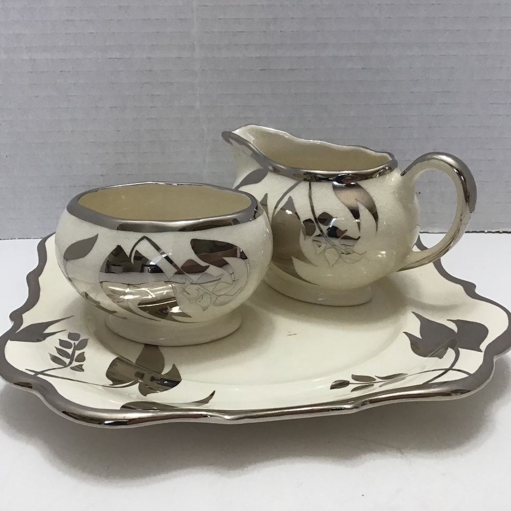 Lancaster and Sandland Ware 696 Platinum Luster Leaves Creamer & Open Sugar Bowl